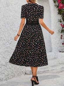 Chiquease Đầm Maxi In Hoa Ren Viền Cổ Chữ V Tay Ngắn Cho Nữ - màu đen - Xem 2