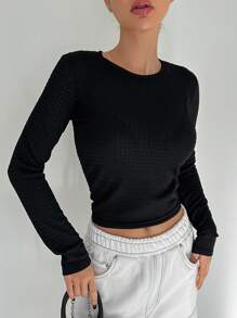 DAZY Của phụ nữ Chất rắn Kết cấu Vòng cổ Thon gọn Tay áo dài Áo thun - màu đen - Xem 6