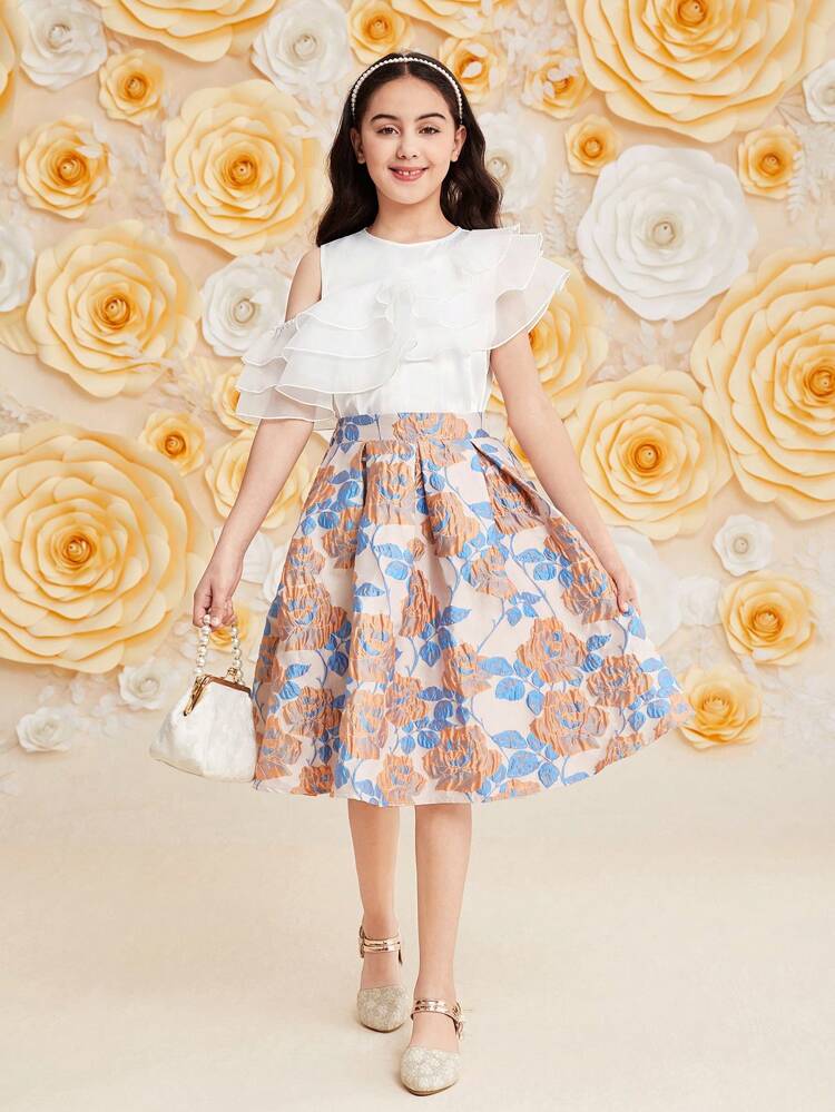 Tween Girl's Lace Floral Print Round Neck Blouse And Ruffle Hem Skirt Set