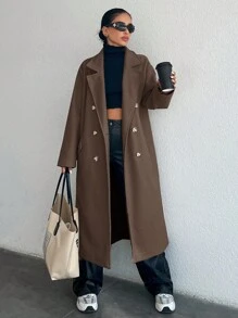 SHEIN Women's Double Breasted Long Woolen Coat - Brown - View 1