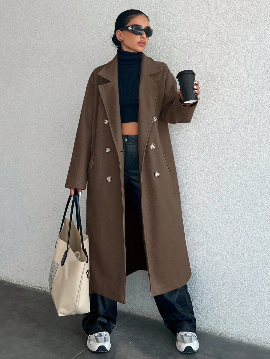 SHEIN Women's Double Breasted Long Woolen Coat - Brown - View 1
