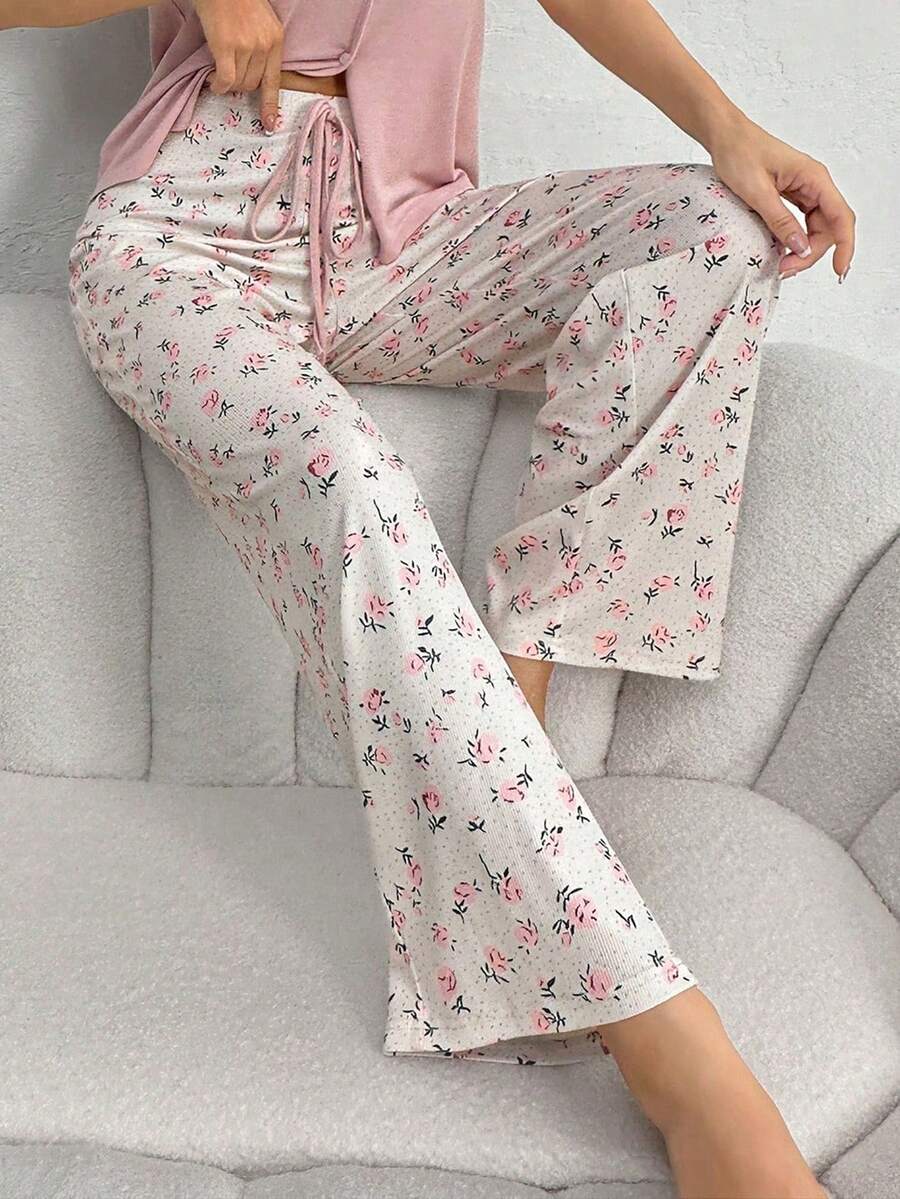 Pantalón de pijama con estampado de flores diminutas para mujer - Albaricoque - Ver 1