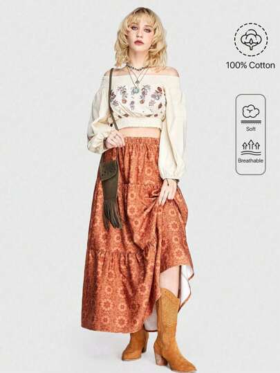 Hippie Gekürztes Damen-shirt Mit Blumenstickerei Und Off Schulterdesign