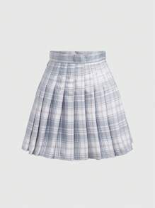 ROMWE J-Fashion Chân váy xếp ly kẻ caro, đi học - Xám - Xem 1