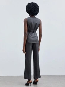 Maija Bộ vest 2 mảnh không tay cổ chữ V bó sát eo hai dây có thể điều chỉnh trang trí khóa kim loại và quần âu ống loe khâu hạt ở giữa phía trước cho nữ mùa xuân/hè - Màu xám đen - Xem 10