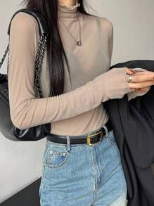 DAZY 1 chiếc áo thun tay dài cổ cao phối lưới mỏng dành cho nữ, quần áo mùa thu cho nữ - Màu Khaki - Xem 3