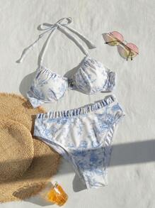 SHEIN Swim Summer Beach Floral Print Two-Piece Bikini Set - Blue and White - View 3
