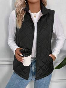 SHEIN LUNE Women's Quilted Stand Collar Sleeveless Jacket - Black - View 6