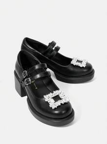 CUCCOO DOLLMOD Women's Wedge Heels Thick Sole Shoes With Rhinestone Buckle, Fashionable - Black - View 1