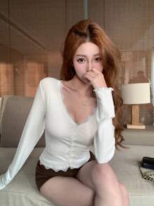 DAZY 女式纯色蕾丝拼布T恤长袖女式上衣 - 白色 - 查看 13