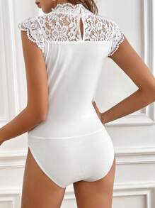 SHEIN Frenchy White Solid Color Lace Spliced Bodysuit, Wedding Season, Summer Top, White Essential, Summer Outfit, Wedding Season Essential, Cottagecore Winter Elegant