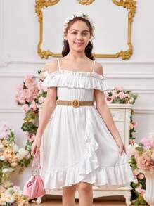 Tween Girls' Solid Color Ruffle Trim Dress With Detachable Braided Belt And Spaghetti Straps - White - View 3