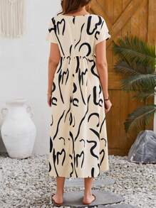 EMERY ROSE Vestido Largo Acampanado Casual De Mujer Para Primavera Con Cuello En V, Estampado Floral Y De Rayas