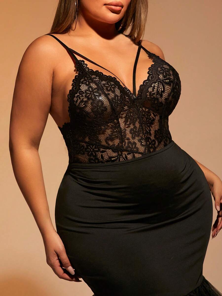 SHEIN SXY Plus Size Open Back Perspective Lace Spaghetti Strap Bodysuit - Black - View 1
