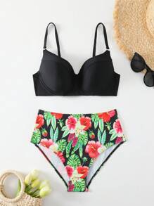 SHEIN Swim Summer Plant Print Push Up Bikini Set For Women Carnival