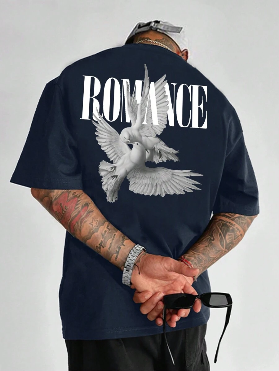 Manfinity Dauomo Men's Oversized Letter And Pigeon Printed Drop Shoulder Short Sleeve T-Shirt - Navy Blue - View 1