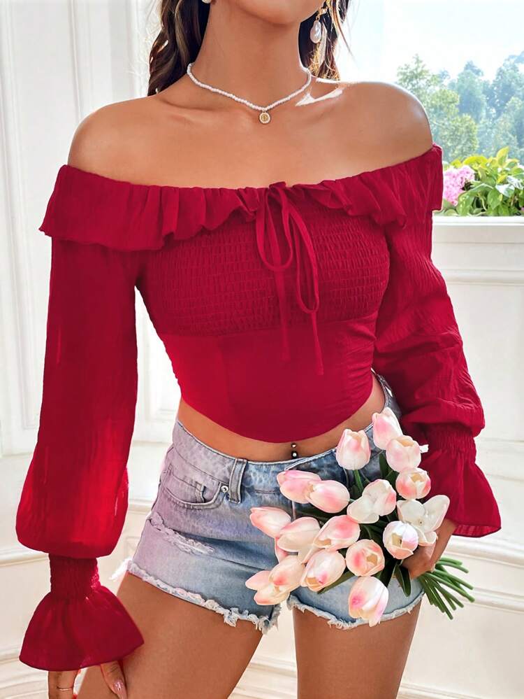 Women's Shirred Off The Shoulder Lantern Sleeve Blouse With Ruffled Hem