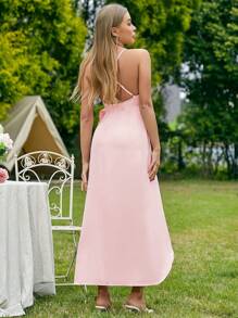 SHEIN Belle 優雅的伴娘裙,大蝴蝶結設計,前短後長的設計,背部開放式設計 - 粉色 - 查看 2