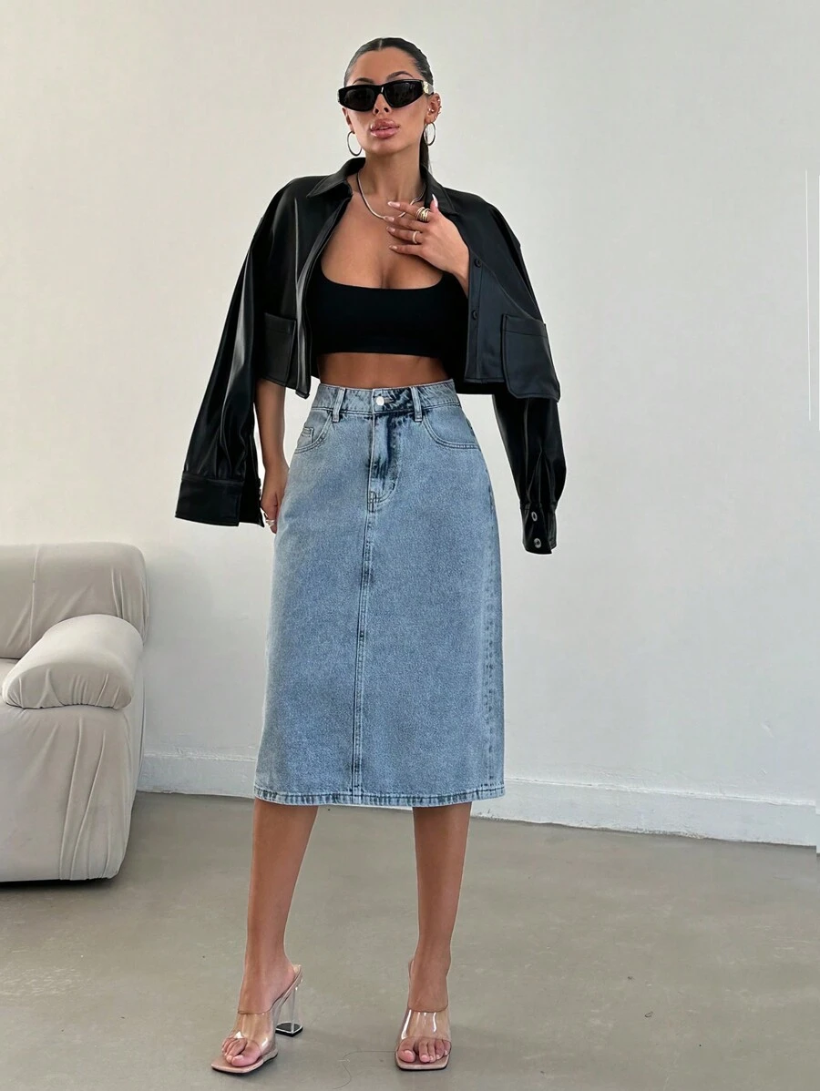 SHEIN Cottnline Ladies' Straight-Fit Denim Skirt With Pockets - Blue - View 1