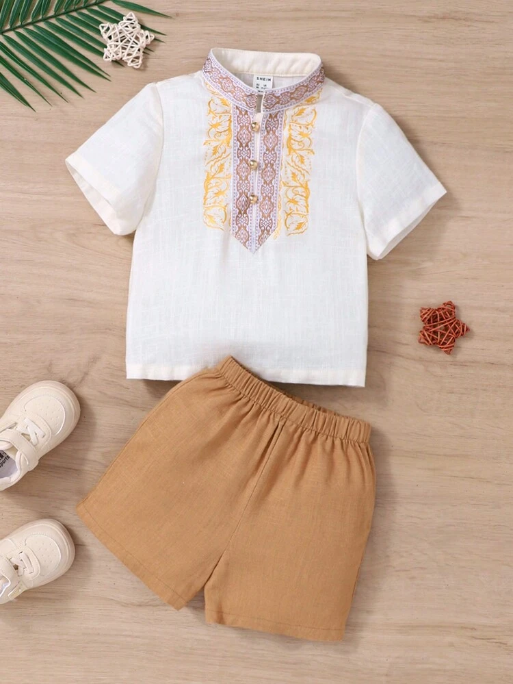 Baby Boys' Geometric Pattern Short Sleeve Stand Collar Top And Elastic Waist Shorts Set