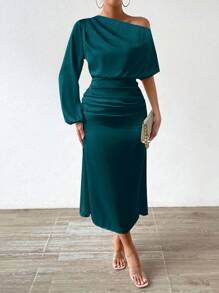 Chiquease Asymmetrical Neckline Satin Dress - Teal Blue - View 3