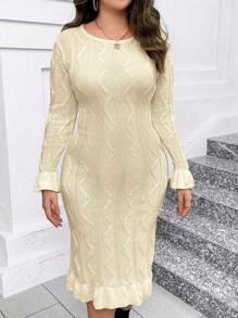 SHEIN Clasi Plus Size Round Neck Bell Sleeve Sweater Dress Fall Cloth For Women - Apricot - View 3