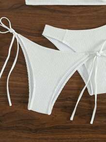SHEIN Swim Bộ Bikini trơn dành cho nữ, Bộ 3 bộ bikini không dây không gỉ có thắt nút bên bãi biển đám cưới mùa hè - trắng - Xem 4