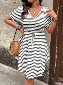 EMERY ROSE Plus Size Women Striped Cinching Waist Dress, Summer