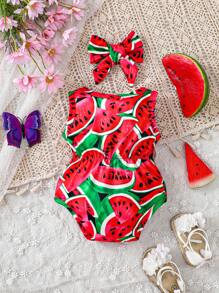 Baby Girl Watermelon Printed Round Neck Sleeveless Bodysuit - Red - View 2