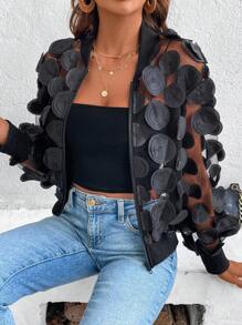 EMERY ROSE Chaqueta de manga larga de malla 3D transparente de unicolor - Negro - Ver 2