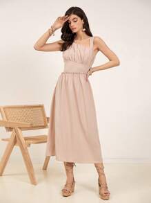 GENKIRA Solid Color Women's Asymmetrical Collar Dress - Khaki - View 7