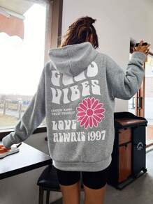 SHEIN Cottnline Hoodie met bloemen- en sloganprint en verlaagde schouders