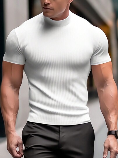 Manfinity Homme Camiseta de cuello alto acanalada de manga corta lisa para hombres, para salir, top blanco de cuello alto de verano, otoño
