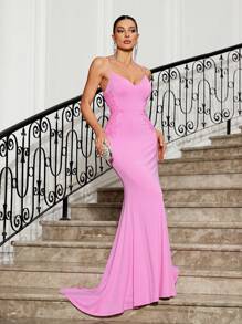 SHEIN Belle Women's Rose Pink Knitted Stretch Mermaid Train Dress,Exquisite Flower Applique V-Neck Cami Fish Tail Back Tied Cascading Ruffles Evening Party Gown - Pink - View 5
