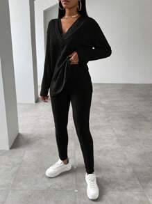 VaVaBold V領長袖開叉t卹+緊身褲套裝 - 黑色 - 查看 5