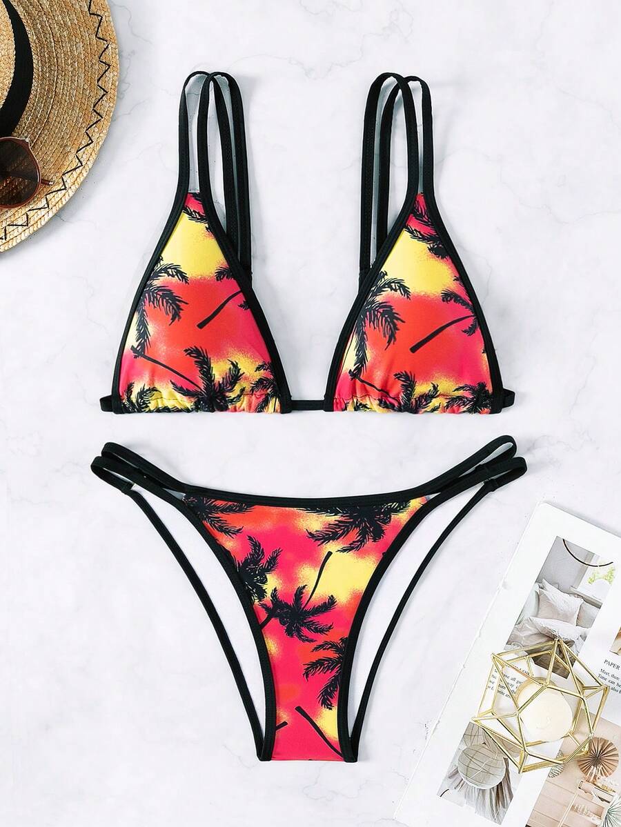 SHEIN Swim Summer Beach Women's Tropical Print Hollow Out Bikini Swimwear Set - Multicolor - View 1