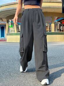 SHEIN EZwear 女式灰色針織貨物褲,帶口袋 - 灰色 - 查看 9