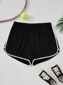 SHEIN EZwear Pantalones Cortos De Talla Grande Con Cintura Elástica Y Dobladillo Enrollado Y Bloqueo De Colores - Negro - Ver 1