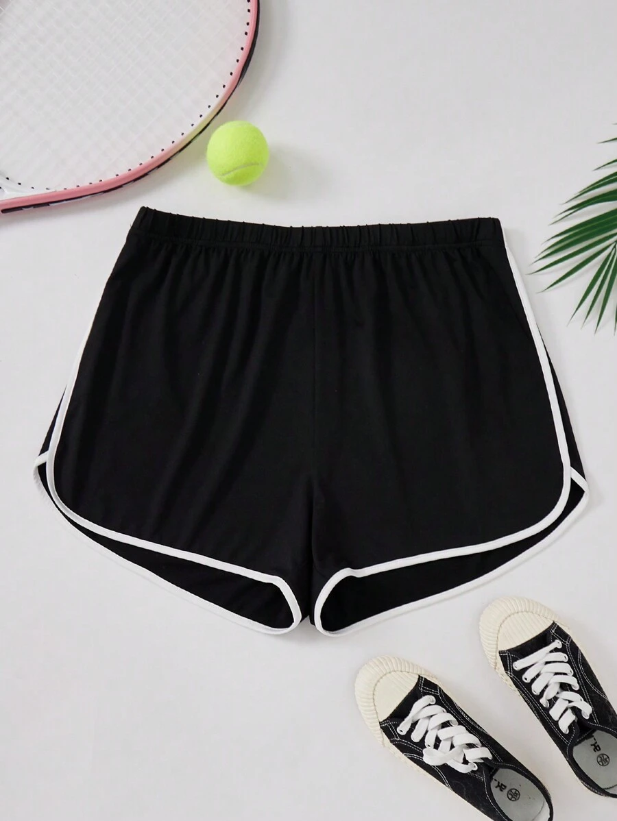 SHEIN EZwear Pantalones Cortos De Talla Grande Con Cintura Elástica Y Dobladillo Enrollado Y Bloqueo De Colores - Negro - Ver 1