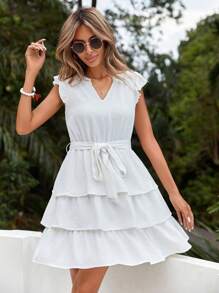 SHEIN VCAY Kỳ nghỉ Màu thuần Xù Hoa Sen Cổ có Lỗ hổng Đầm - trắng - Xem 1