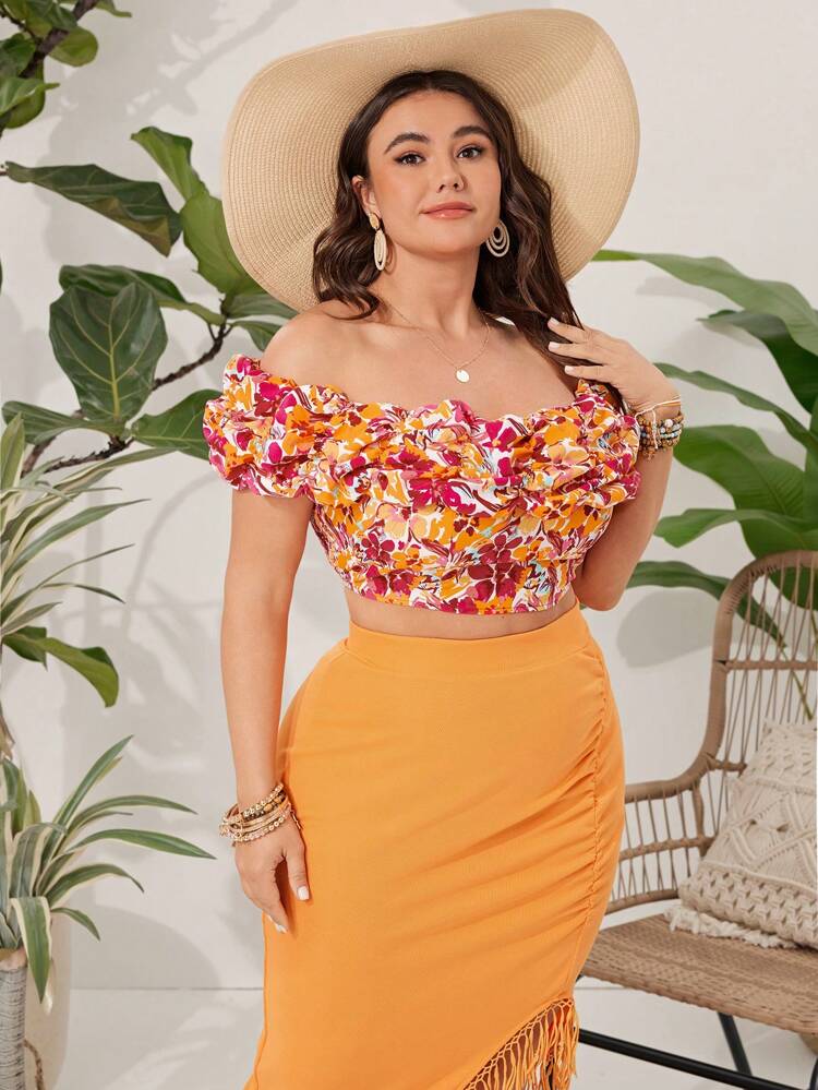 Plus Size Women's Floral Printed Off Shoulder Vacation Top