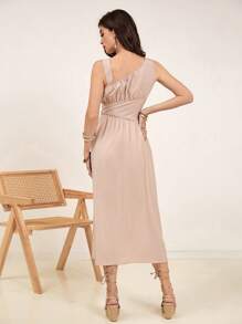 GENKIRA Solid Color Women's Asymmetrical Collar Dress - Khaki - View 2