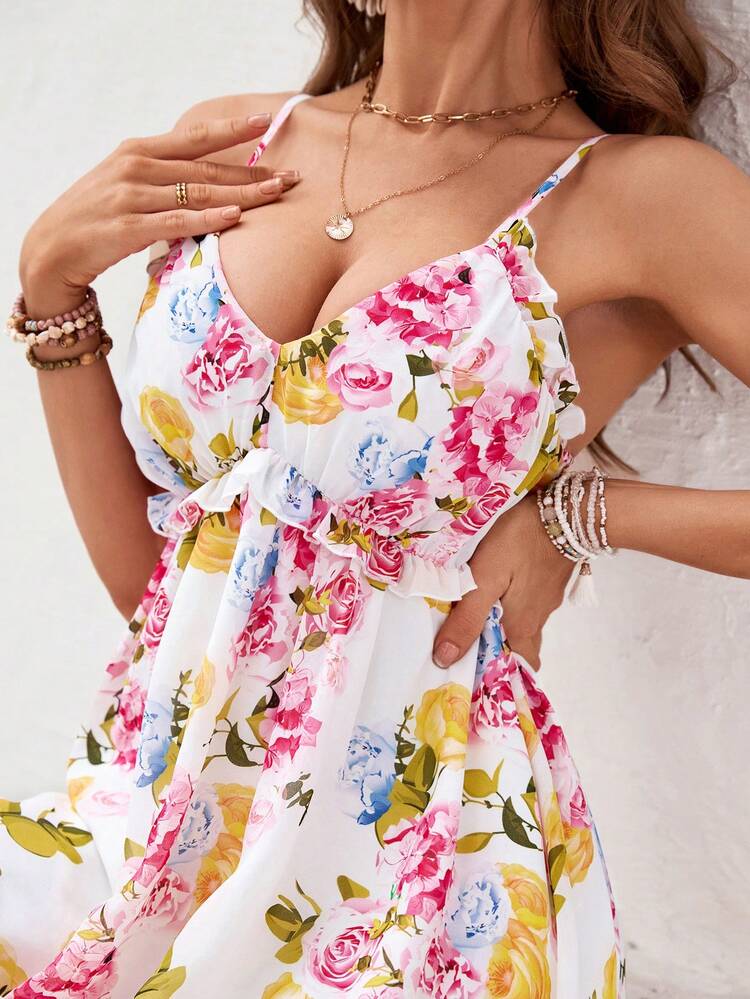 Floral Print Vacation Style Cami Dress With Ruffle Trim