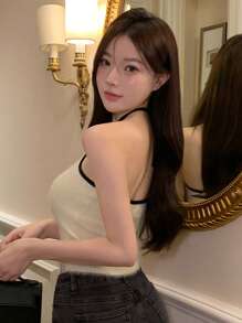 DAZY Contrast Trim Fluffy Halter Top