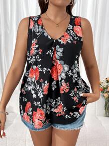 SHEIN Clasi 大码女式波西米亚风花卉印花无袖 V 领衬衫，适合夏季 - 彩色 - 查看 1