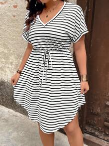 EMERY ROSE Plus Size Women Striped Cinching Waist Dress, Summer