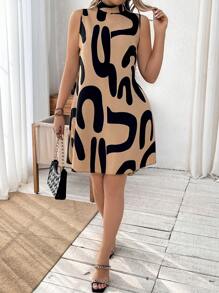 Calvaya Plus Size Women's Halter Neck Printed Dress - Brown - View 4