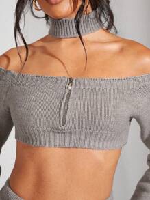Hauture Cái cổ Chi tiết Zip Top Cây trồng & Quần Bộ - Màu Xám nhạt - Xem 4
