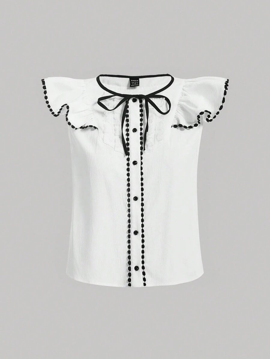 SHEIN MOD Của phụ nữ Vòng cổ Áo sơ mi Với Ruffle & Vá lại Thiết kế - trắng - Xem 1