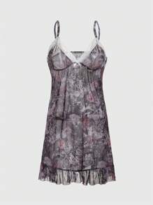 ROMWE Goth Women's Floral Print Mesh Splice Lace Trim Bow Decoration Cami Romper Dress For Home Wear - Multicolor - View 1
